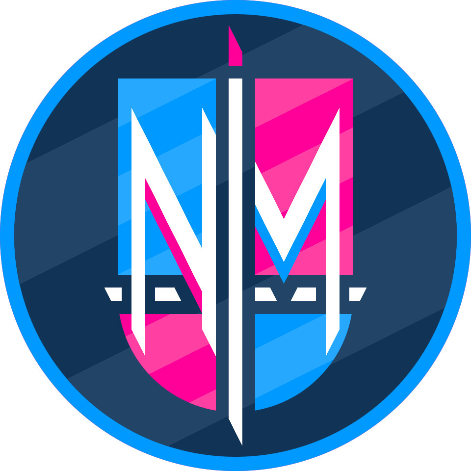 Official WE ARE NIM crest - a white upside-down cross centered on a shield with alternating quarters of neon pink and blue. The letters N and M flank either side of the cross, leveraging the symbol to form the acronym "NIM" across the shield. It floats inside a dark blue circle with a neon blue border.
